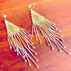 Hand Woven Beaded Boho Seed Bead Danglers in Clear Crystal & Gold